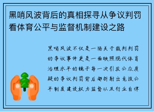 黑哨风波背后的真相探寻从争议判罚看体育公平与监督机制建设之路